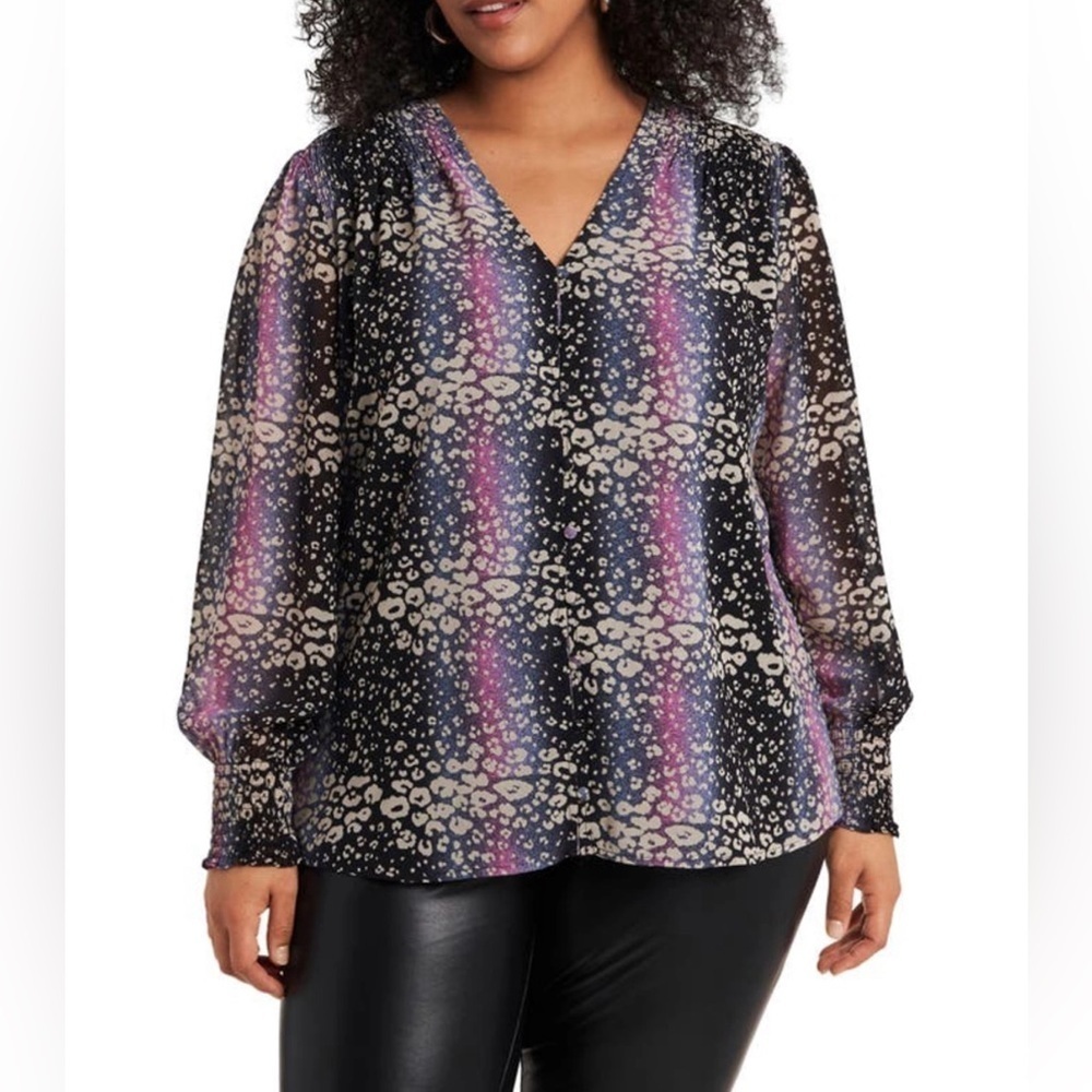 NWT 1. State Smocked detail button-up shirt blouse in leopard ombre size: 2X